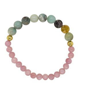 Amazonite and Amethyst hand beaded bracelet with gold fill beads.