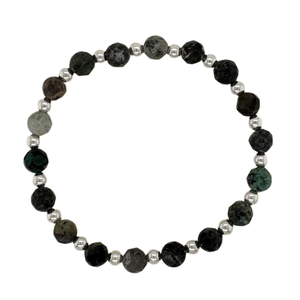 Emerald hand beaded with alternating silver beads.