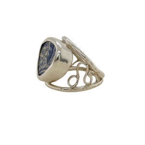 Sideview sterling silver blue Chaney ring.