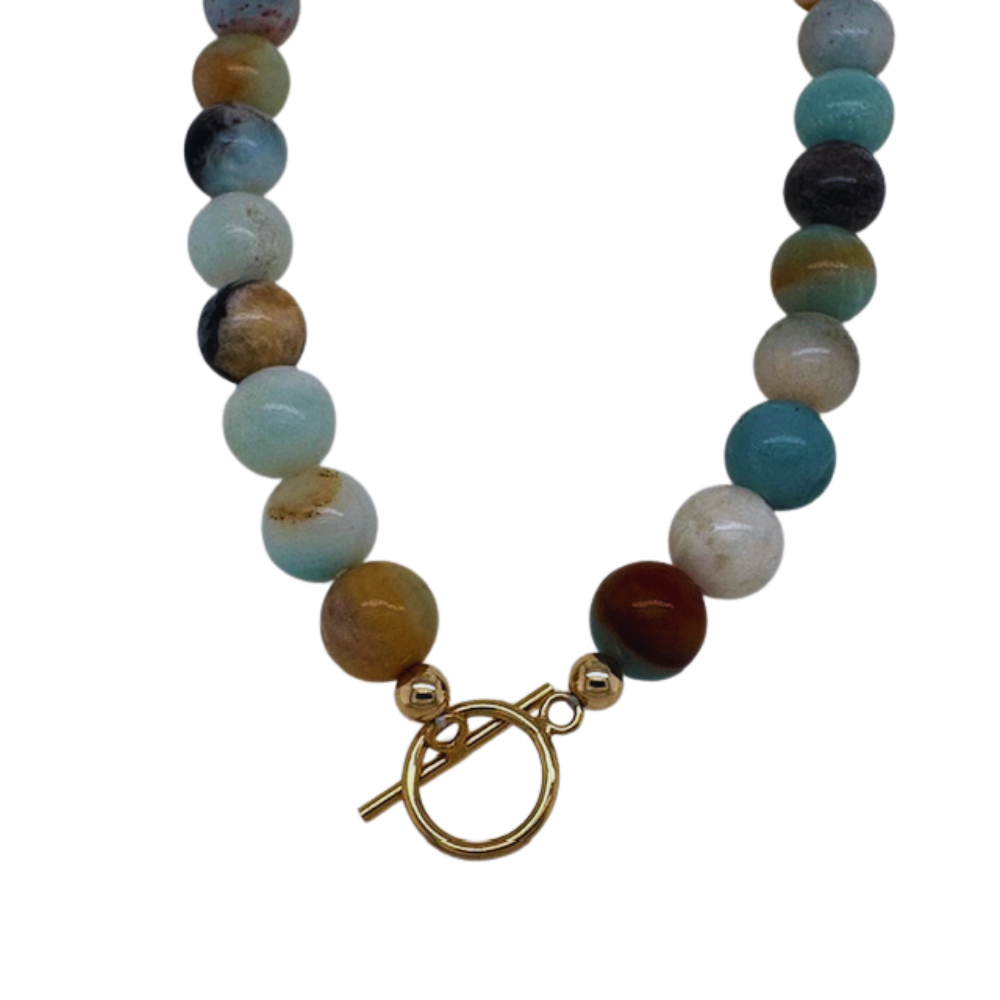 Amazonite hand beaded necklace with alternating gold fill beads.