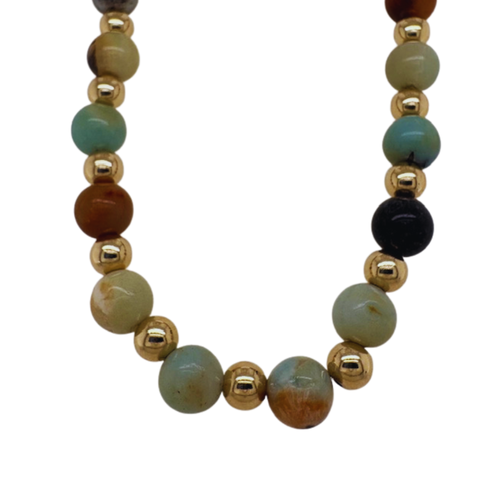 Amazonite hand beaded necklace with alternating gold fill beads.