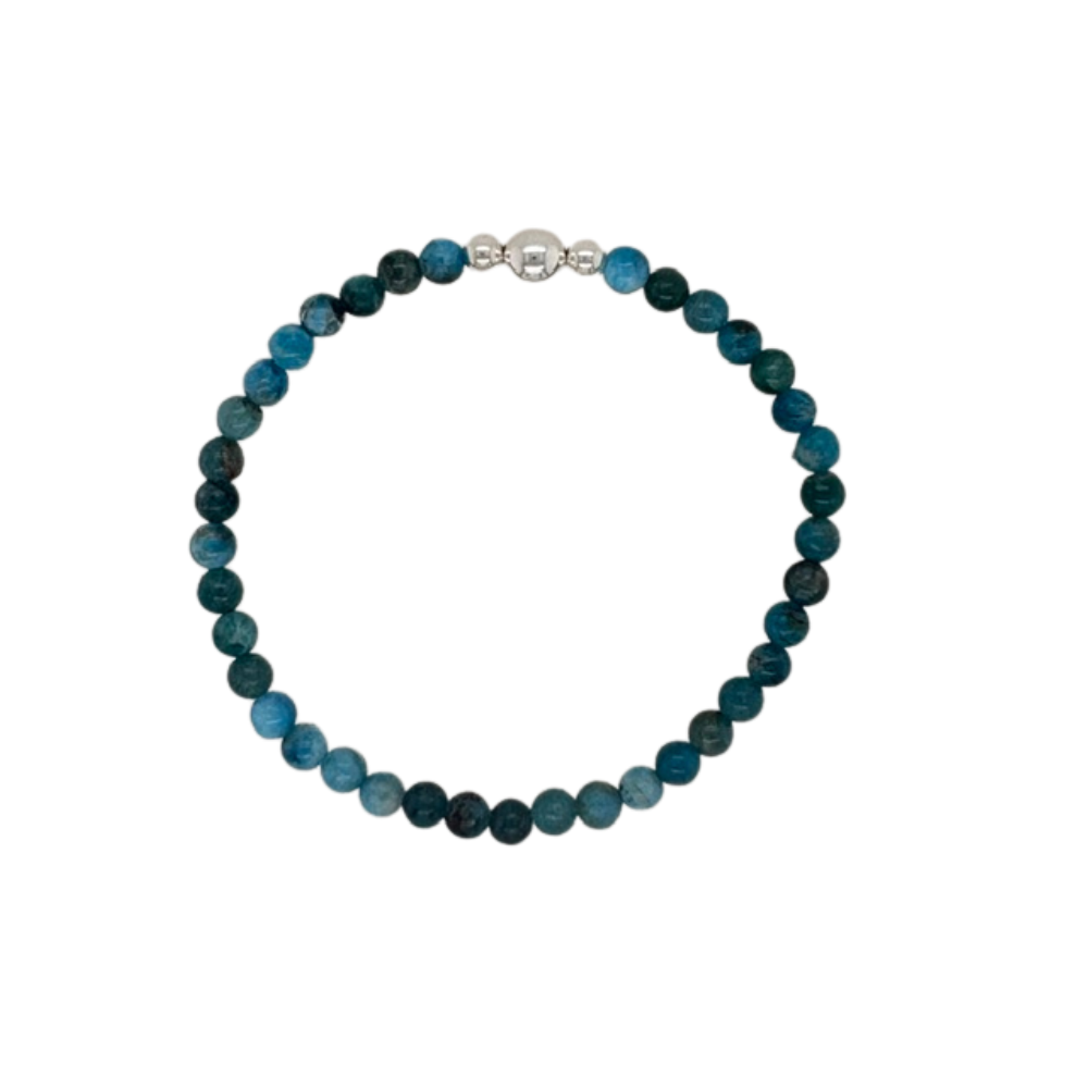 Apatite hand beaded bracelet with silver beads.