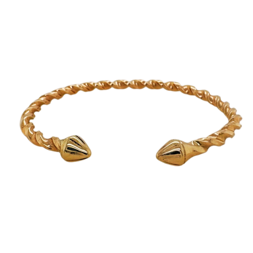 A 14k  gold twisted open cuff bracelet with conical ends, shown on a plain white background.