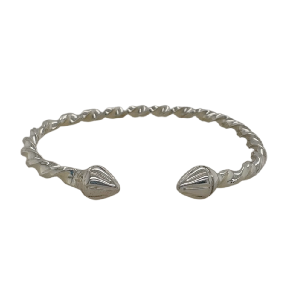 A silver twisted open cuff bracelet with conical ends, shown on a plain white background.