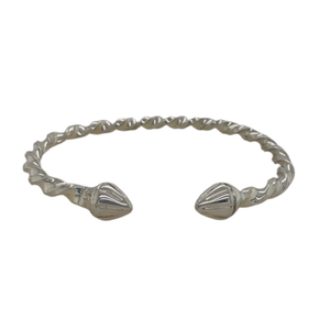 A silver twisted open cuff bracelet with conical ends, shown on a plain white background.
