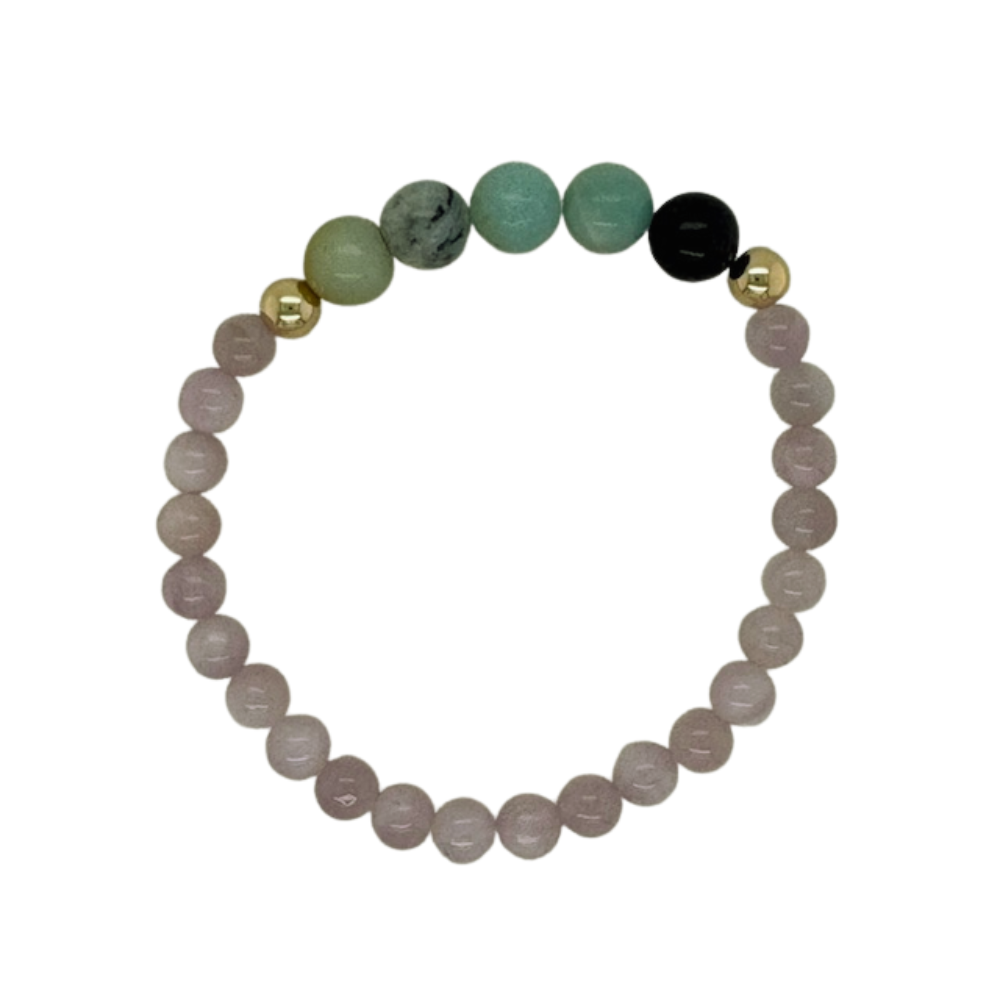Amazonite and Amethyst hand beaded bracelet with gold fill beads.