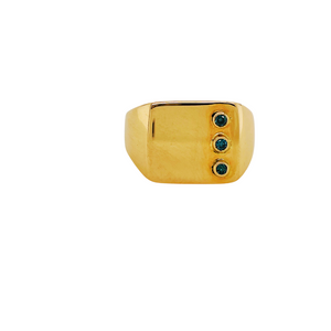 14k yellow gold signet ring with 3 blue diamonds