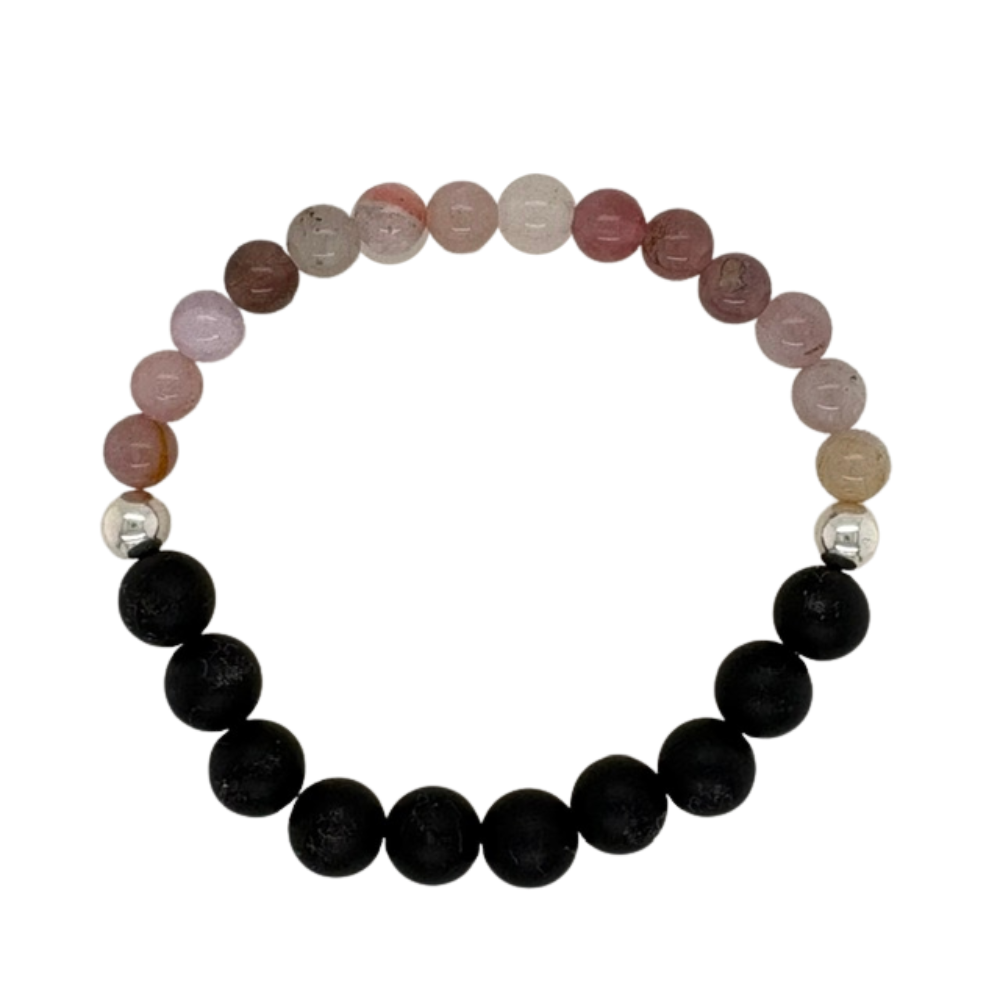 Madagascar Rose Quartz &amp; Onyx hand beaded bracelet with silver beads.