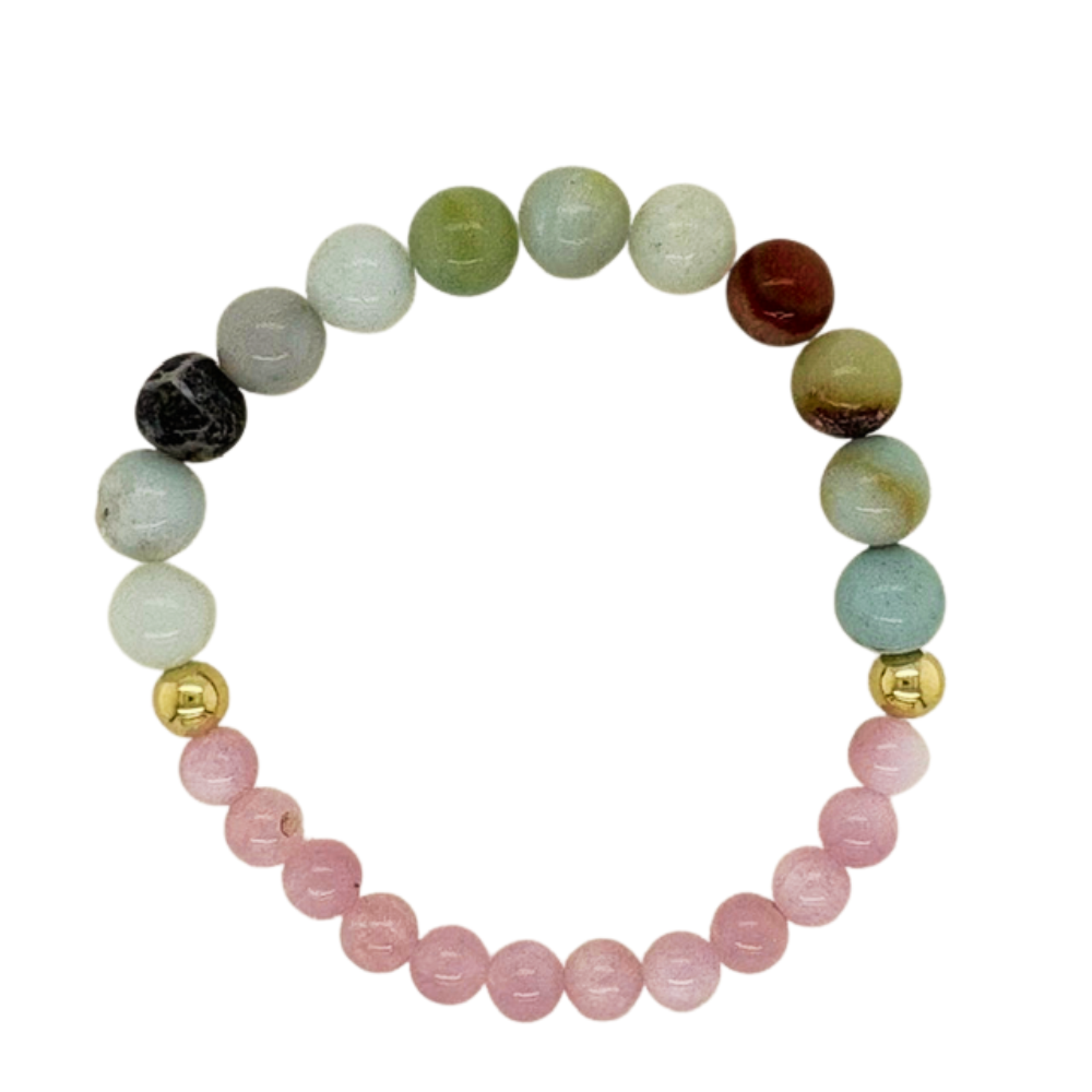 Amazonite and Amethyst hand beaded bracelet with gold fill beads.