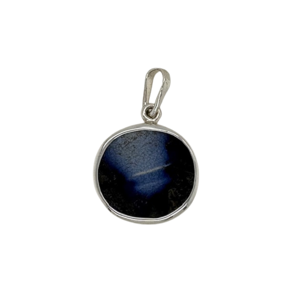 Sterling silver double-sided blue Chaney pendant.