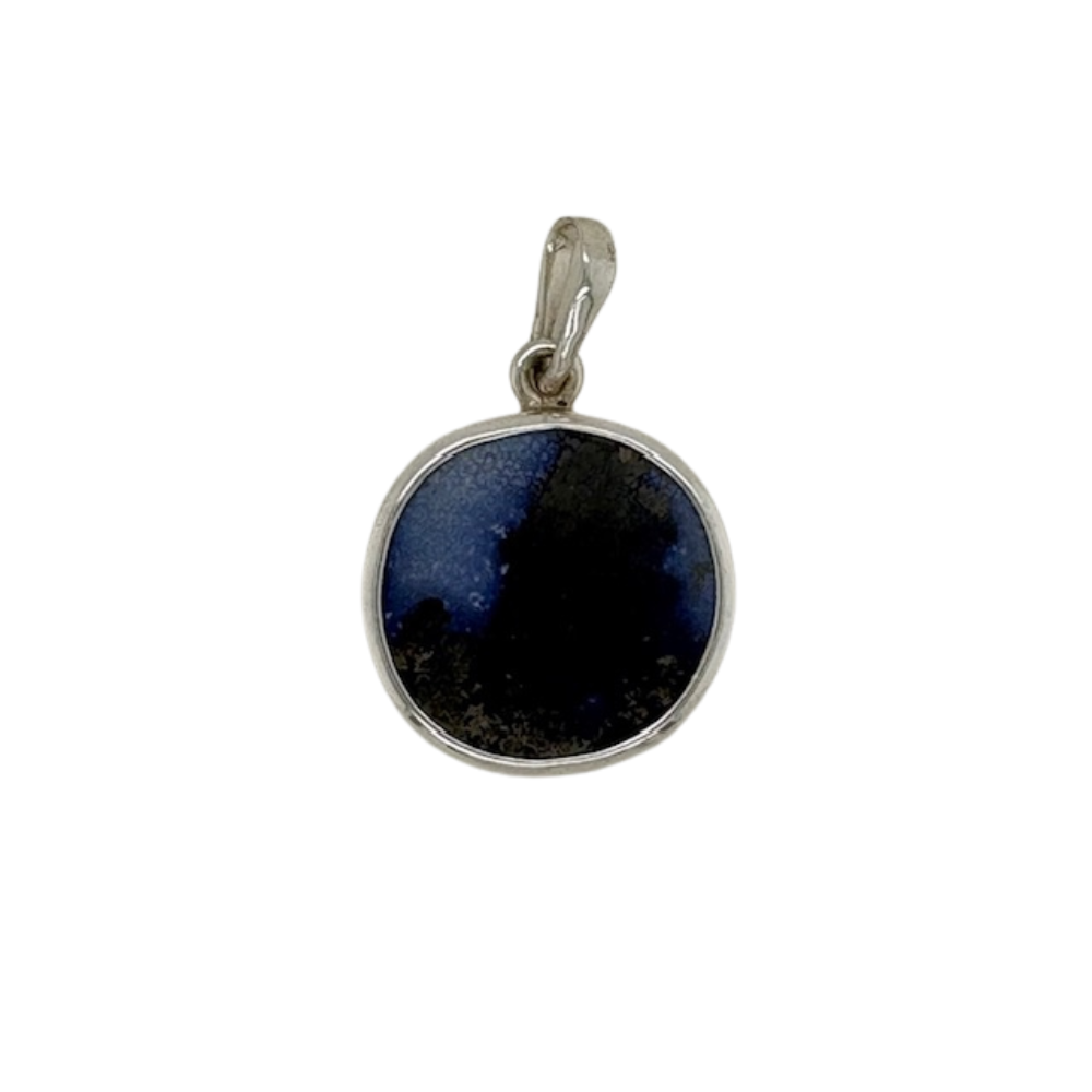 Sterling silver double-sided blue Chaney pendant.