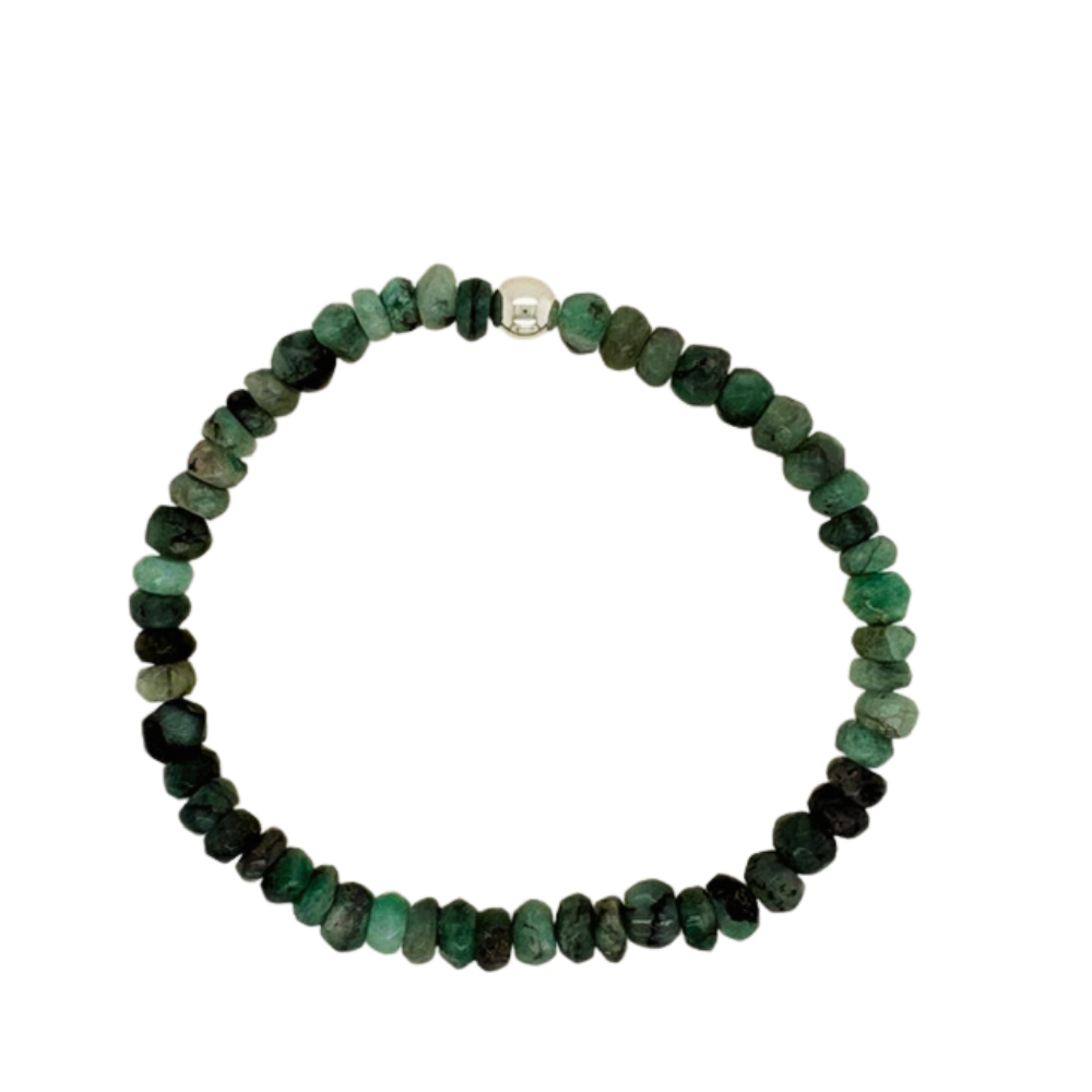 Faceted Emerald hand beaded bracelet with a (1) silver bead.