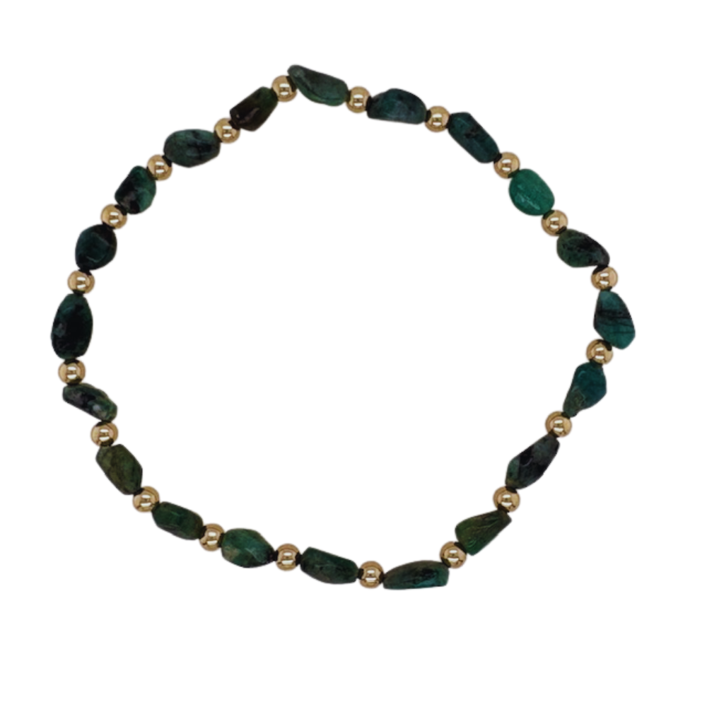 Emerald hand beaded bracelet with alternating gold fill beads.