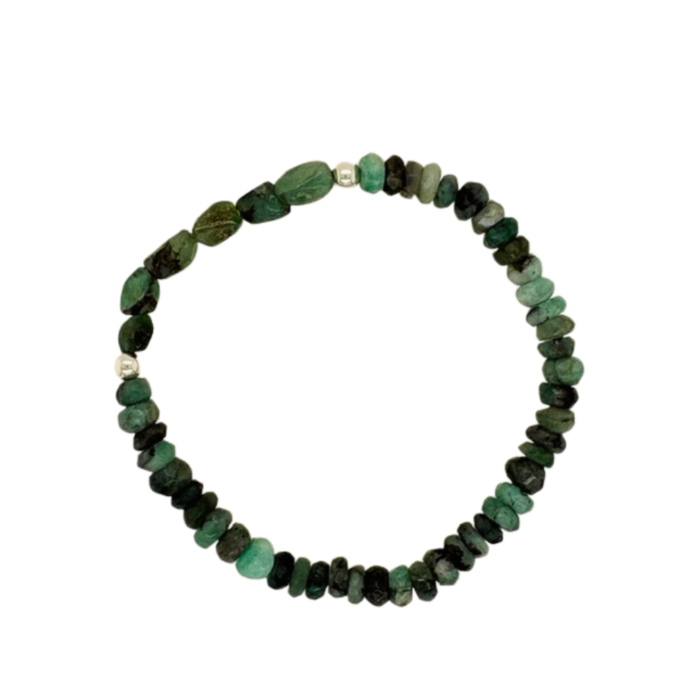 Raw &amp; faceted Emerald hand beaded bracelet with (2) silver beads.