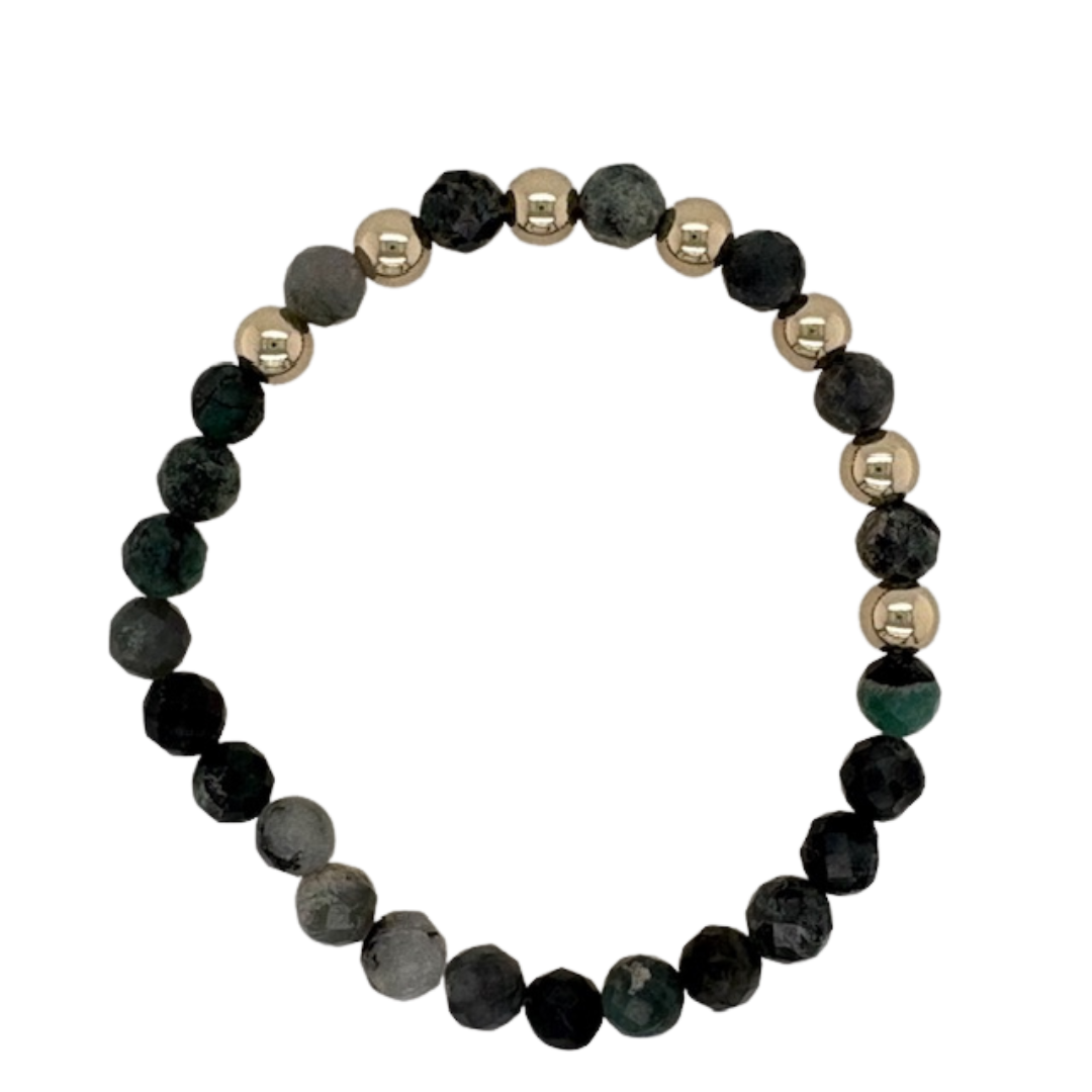 Emerald with (7) 4mm hand beaded bracelet with gold fill balls.