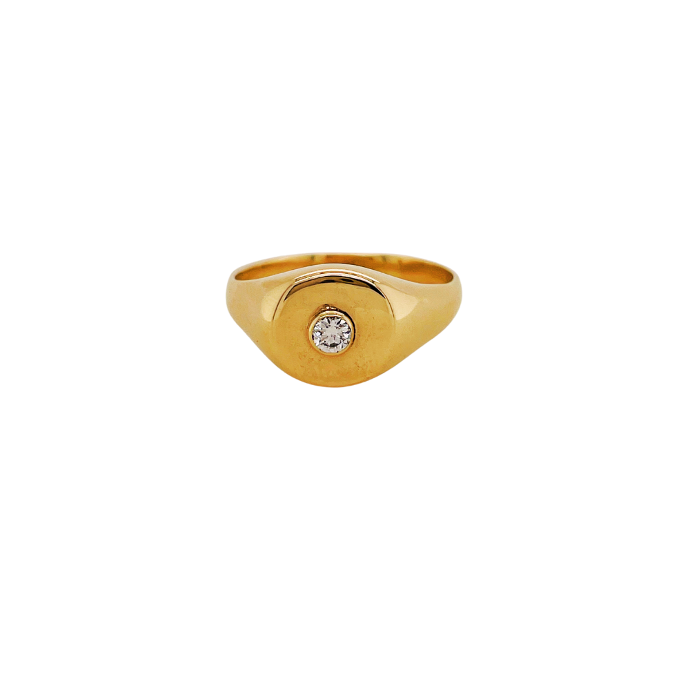 14k yellow gold signet ring with a diamond.