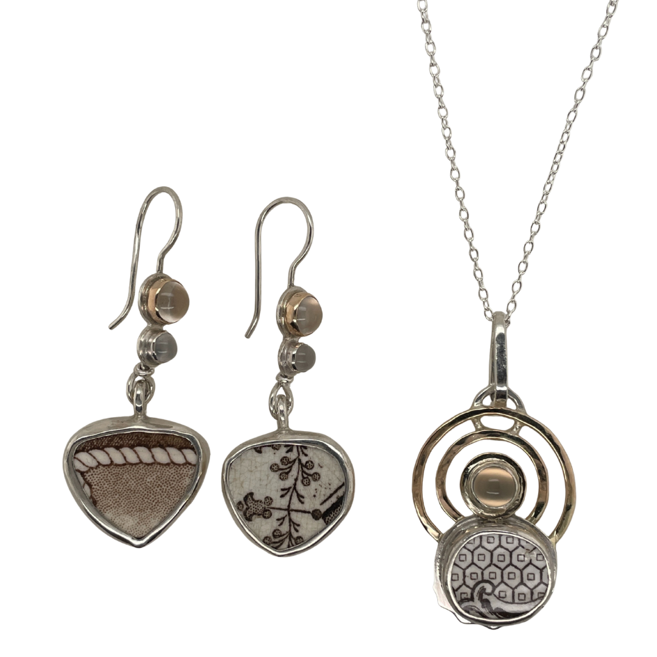 Sterling silver Moonstone &amp; Chaney Earrings and Necklace set.