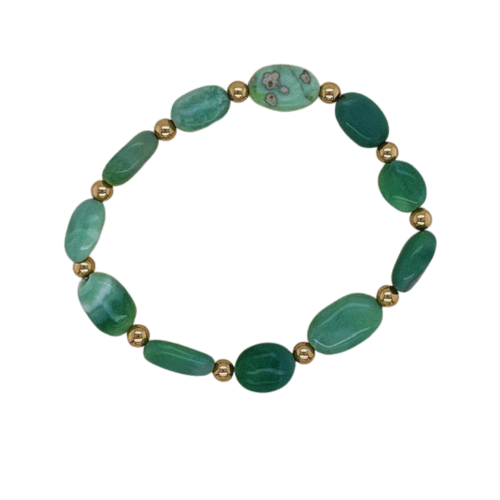 Indian Green Opal hand beaded bracelet with alternating gold fill beads.
