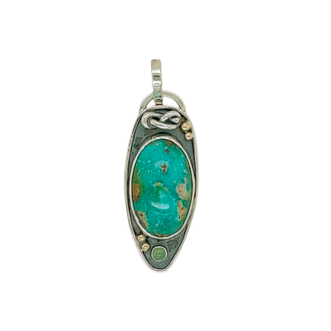 Persian Turquoise pendant set in sterling silver with 14k yellow gold accents &amp;amp; chrysoprase.