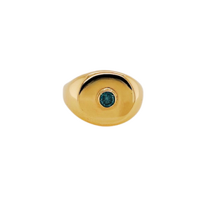 14kt yellow gold oval signet ring with a .25ct blue diamond