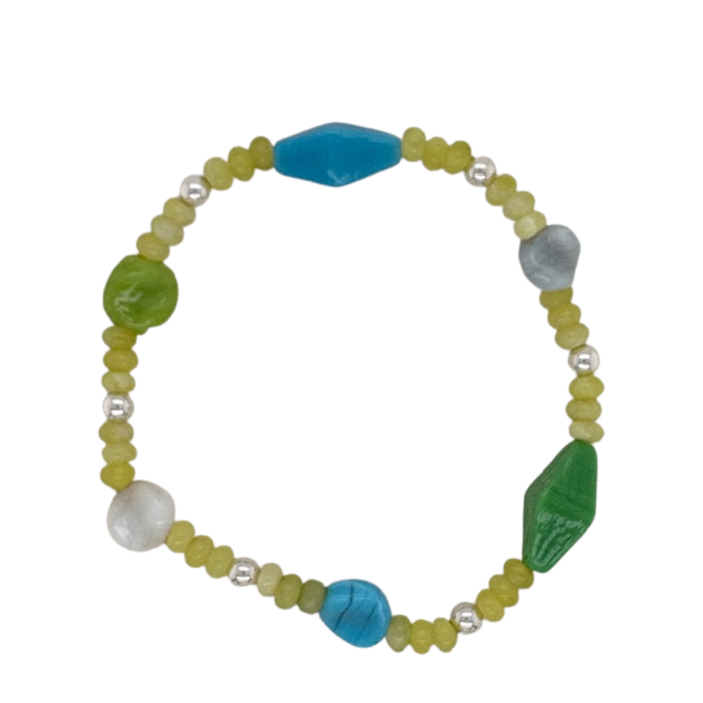 Jade Glass hand beaded bracelet with (6) silver beads.