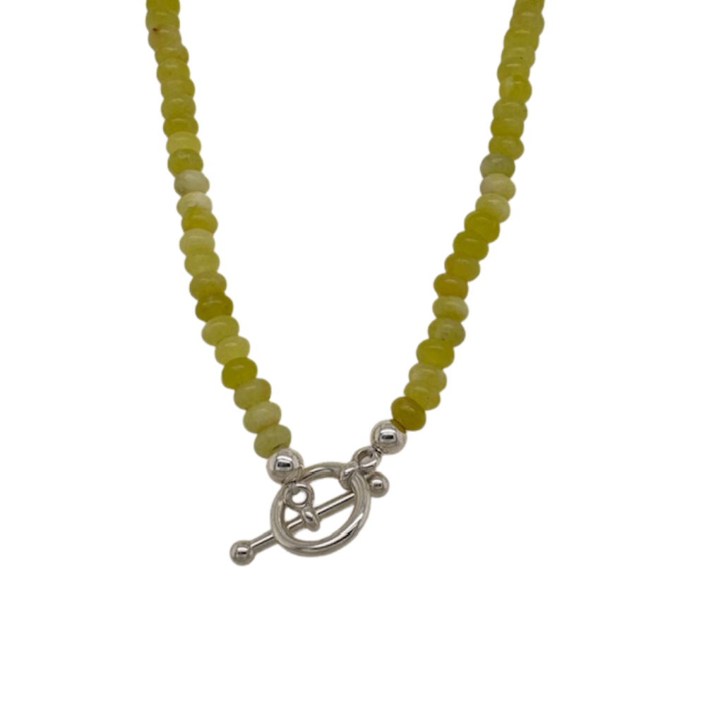 Jade Glass hand beaded choker necklace with alternating silver fill beads.