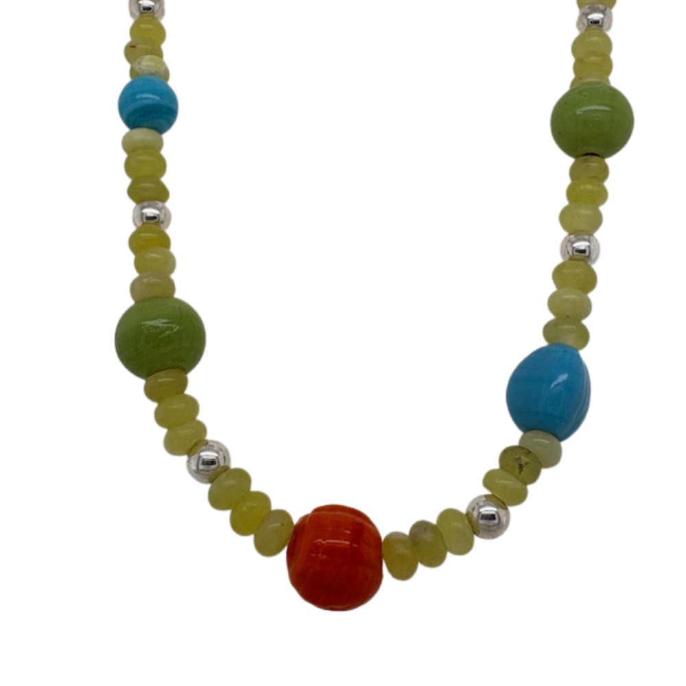 Jade Glass hand beaded choker necklace with alternating silver fill beads.