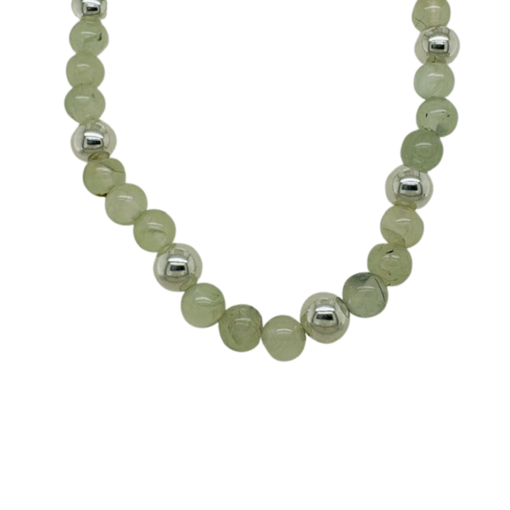 Prehnite hand beaded necklace with (8) silver beads.