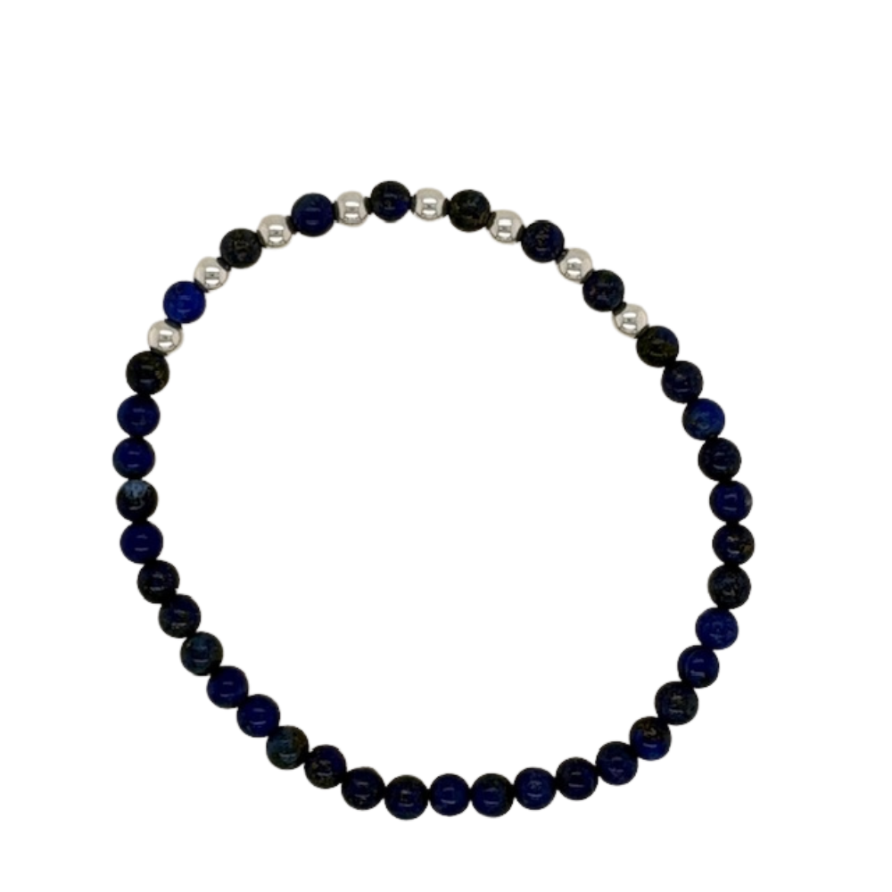 Lapis hand beaded bracelet with silver bead accents.