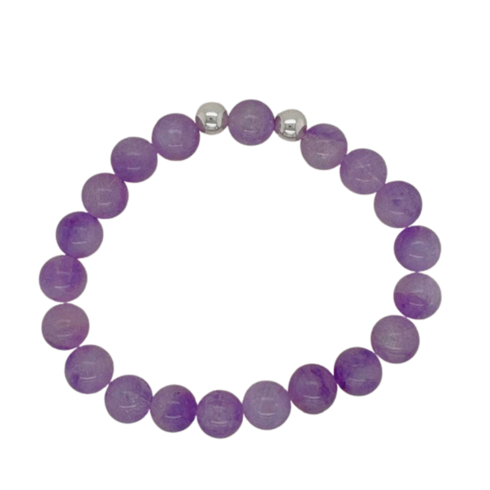 Lavender Jade hand beaded bracelet with silver beads.