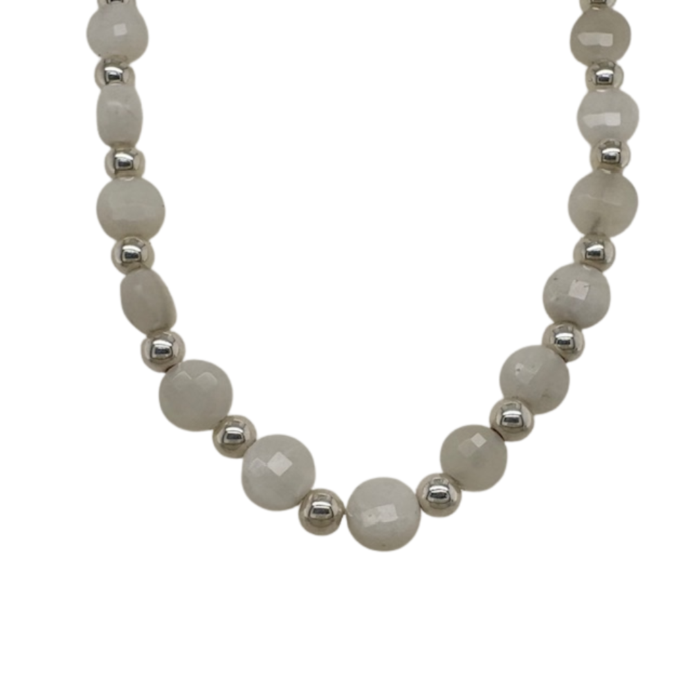 Moonstone hand beaded necklace with alternating silver beads.