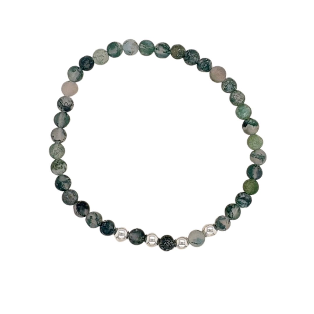 Moss Agate (4mm) hand beaded bracelet with (4) silver balls.