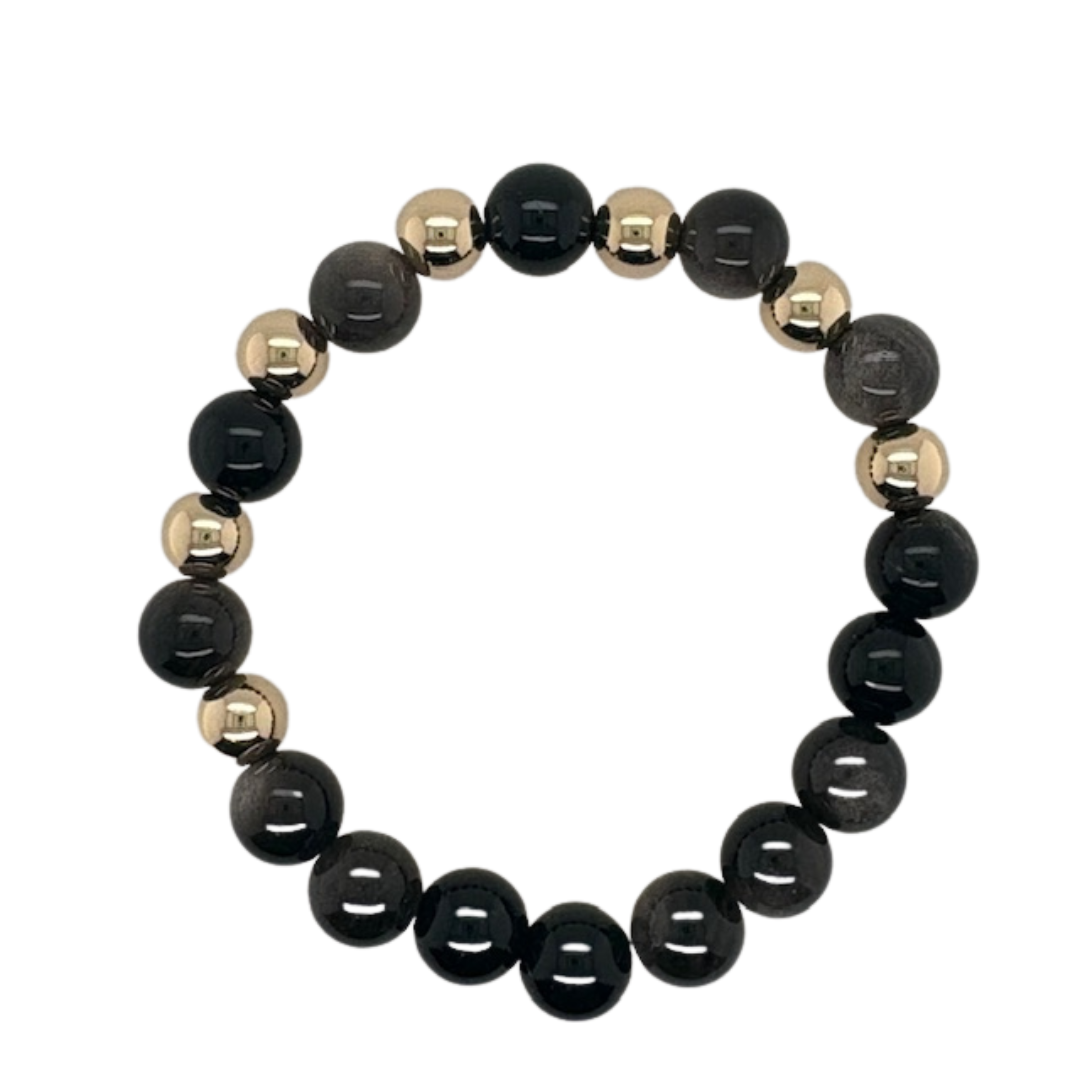 Obsidian with (7) 4mm hand beaded bracelet with gold fill balls.