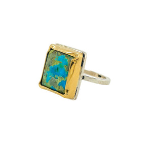 Sterling silver Persian Turquoise ring with 18K bezel.