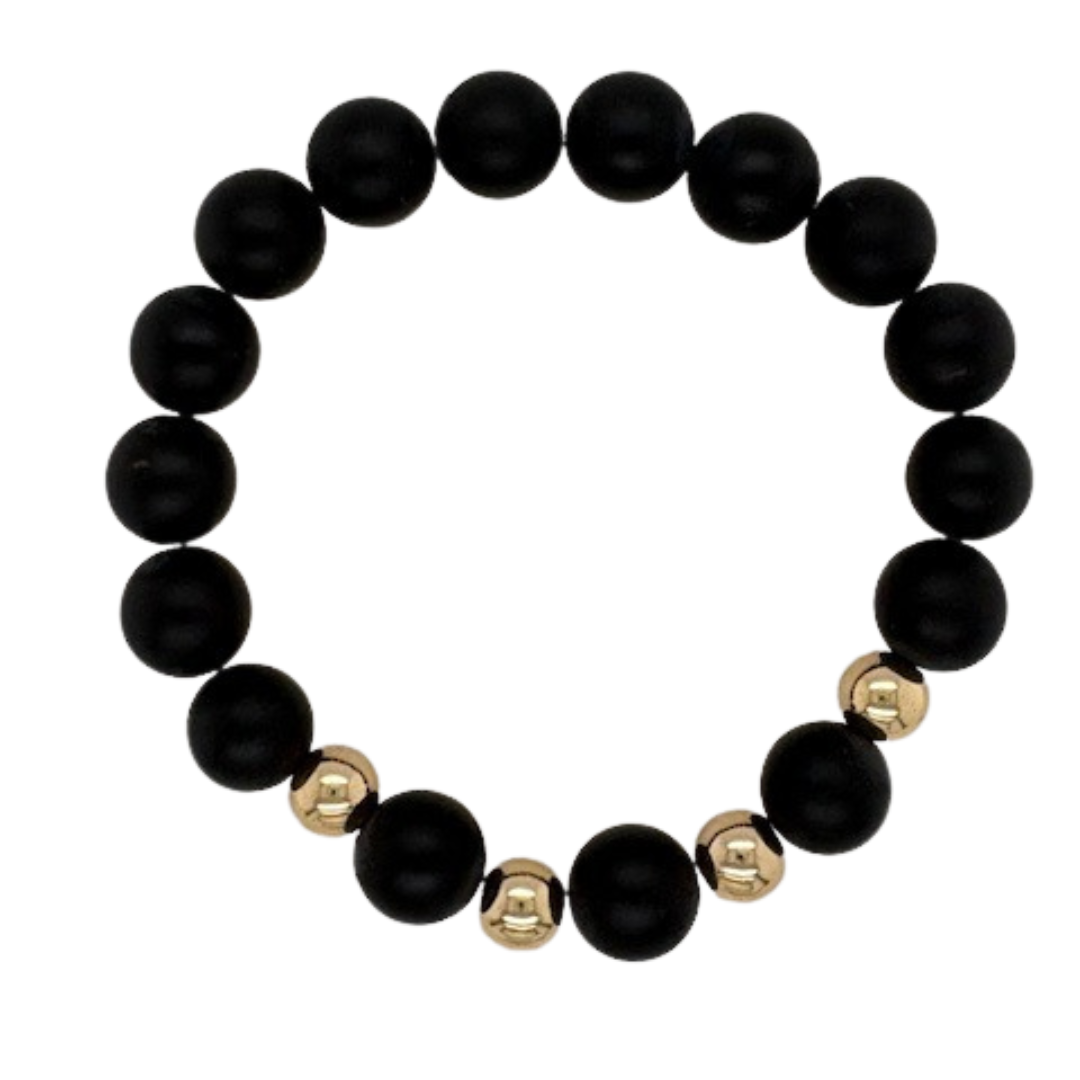 Onyx hand beaded bracelet with (4) 6mm gold fill balls.