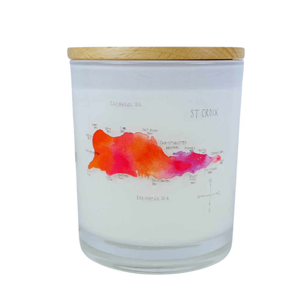 Pink watercolor St. Croix Candle.