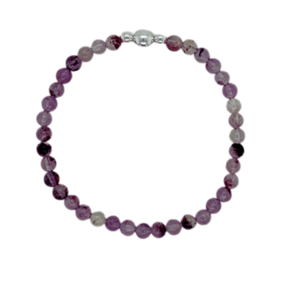 Sm. Super Seven hand beaded bracelet with silver beads.