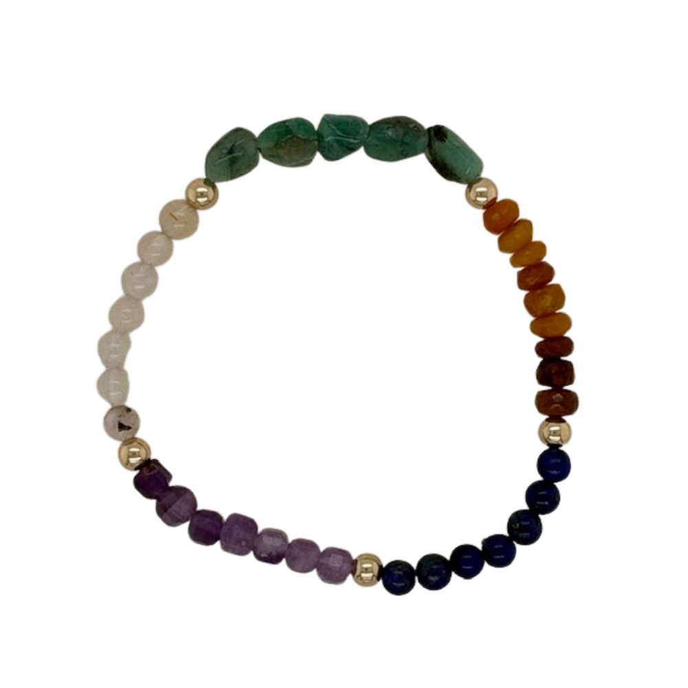 Tigers Eye, Amethyst, Emerald, Cherry Blossom Agate, and Lapis hand beaded bracelet with (5) gold fill beads.