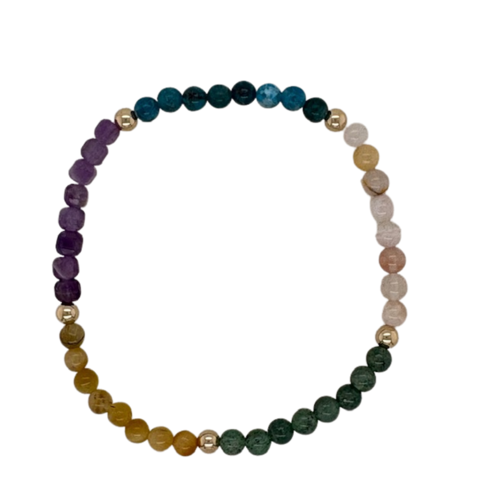 Aventurine, Yellow Tigers Eye, Amethyst, Apatite, and Cherry Blossom Agate hand beaded bracelet with (4) gold fill beads.