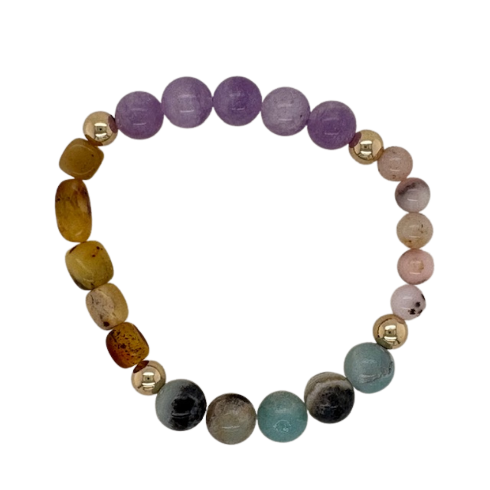 Lavender Jade, Amber, Amazonite, and Pink Opal hand beaded bracelet with (4) gold fill beads.