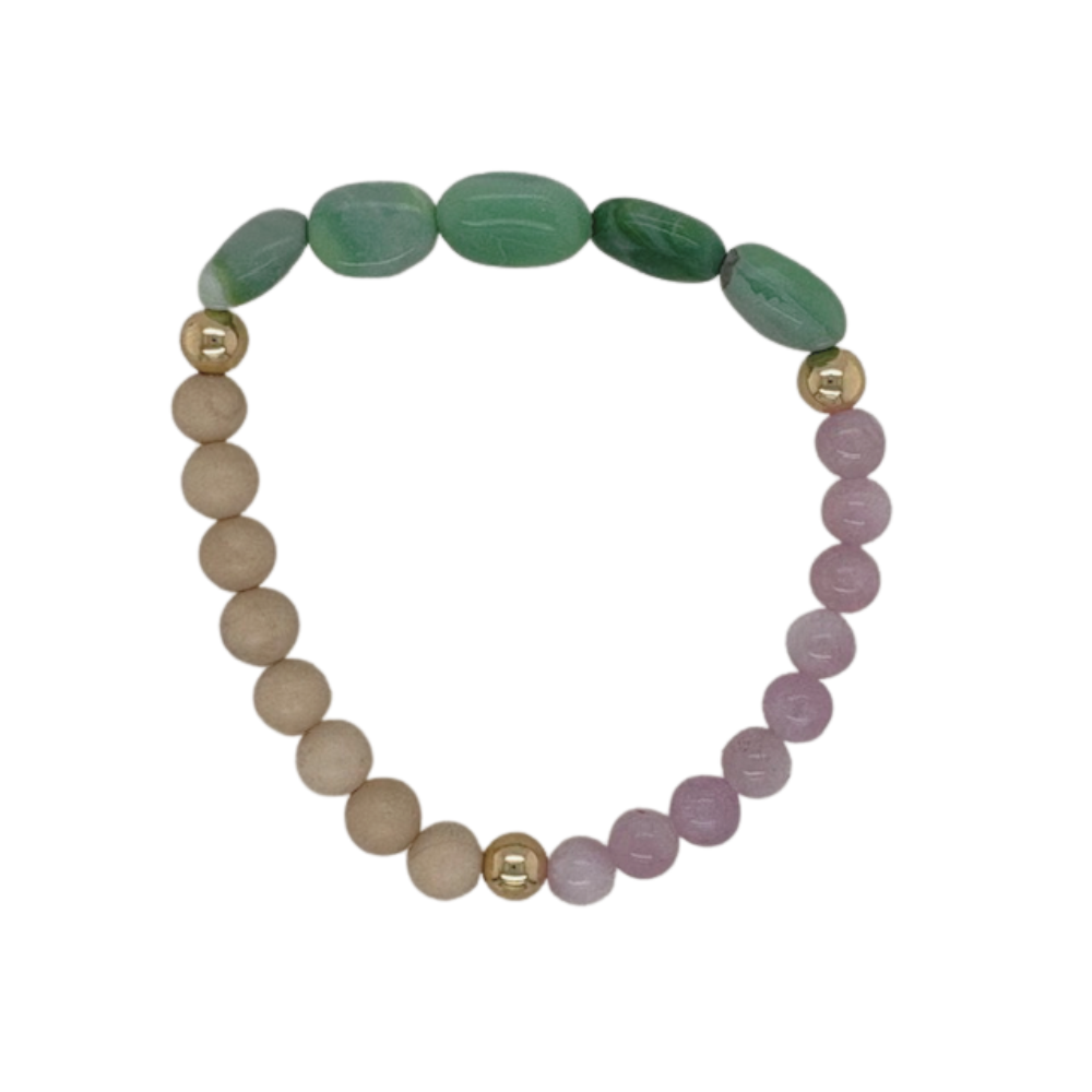 Indian Opal, Fossil Jasper, and Amethyst hand beaded bracelet with gold fill beads.