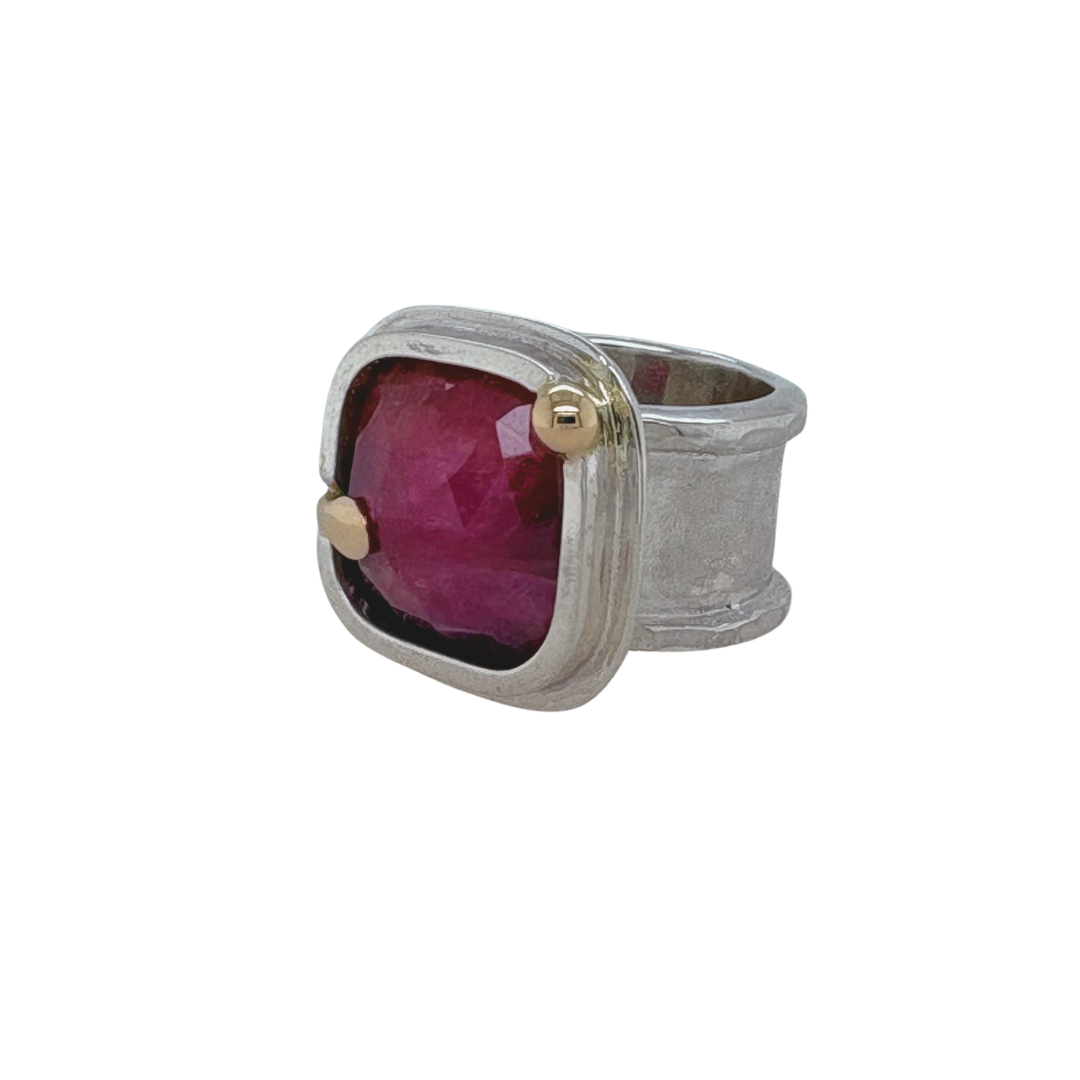 Sterling silver square Ruby with 14k yellow gold accents.