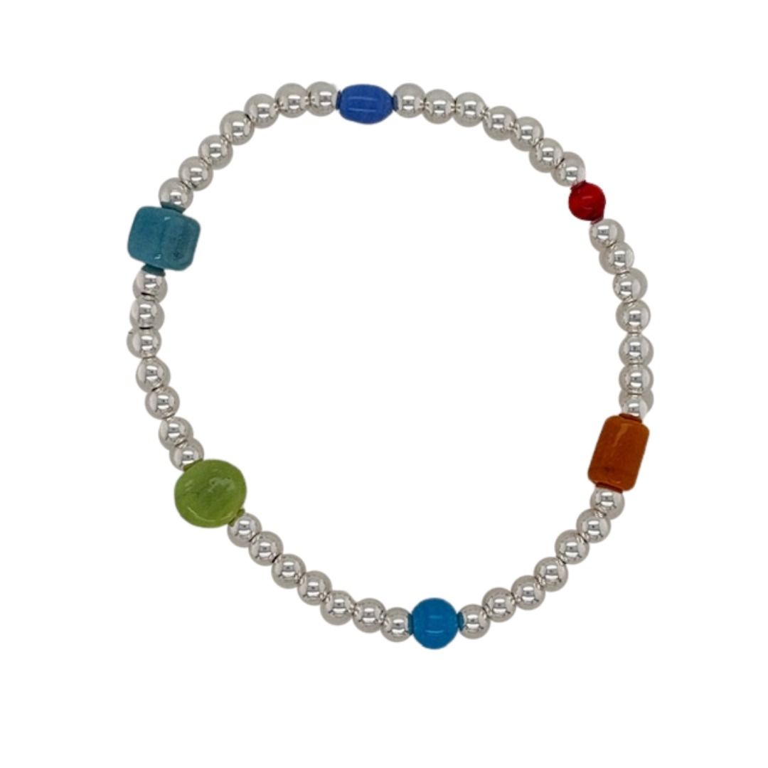 Silver hand beaded bracelet with 6 assorted glass beads.&amp;nbsp;