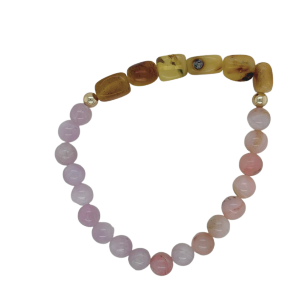 Amber, Pink Opal &amp; Amethyst hand beaded bracelet with gold fill beads.