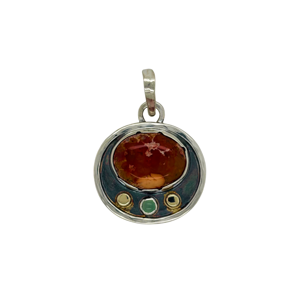 Sterling silver Mexican Opal Pendant with 14k yellow gold &amp;amp; Chrysoprase accent.
