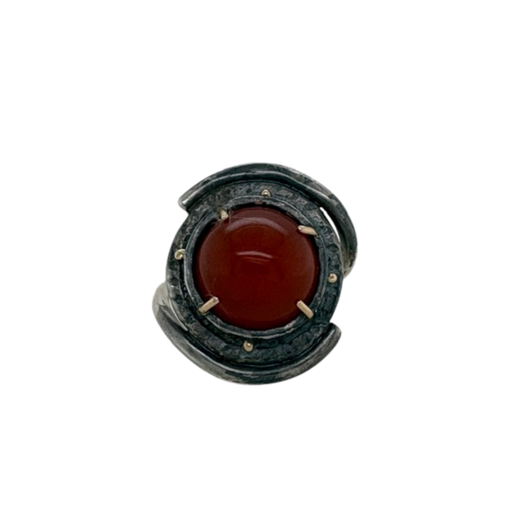 Sterling silver oxidized Carnelian ring with 14k yellow accents.
