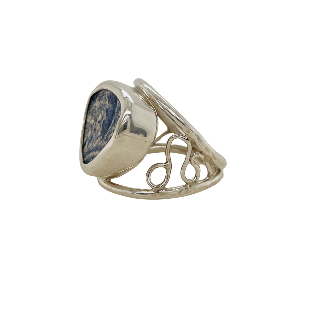 Sideview sterling silver blue Chaney ring.