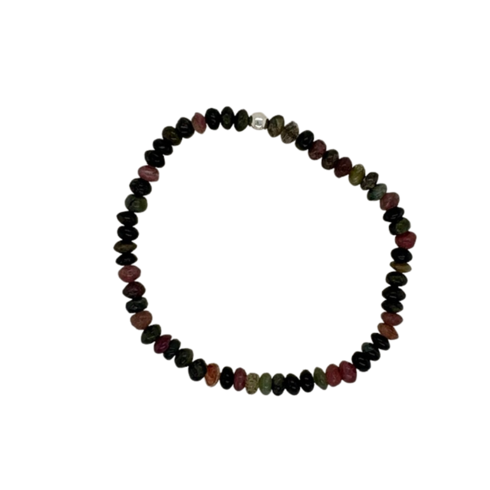 Watermelon Tourmaline hand beaded bracelet with a silver.