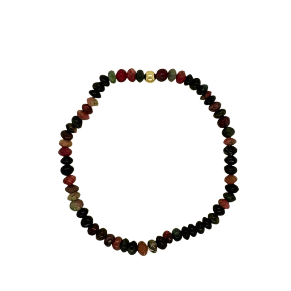 Watermelon Tourmaline hand beaded bracelet with a gold fill bead.