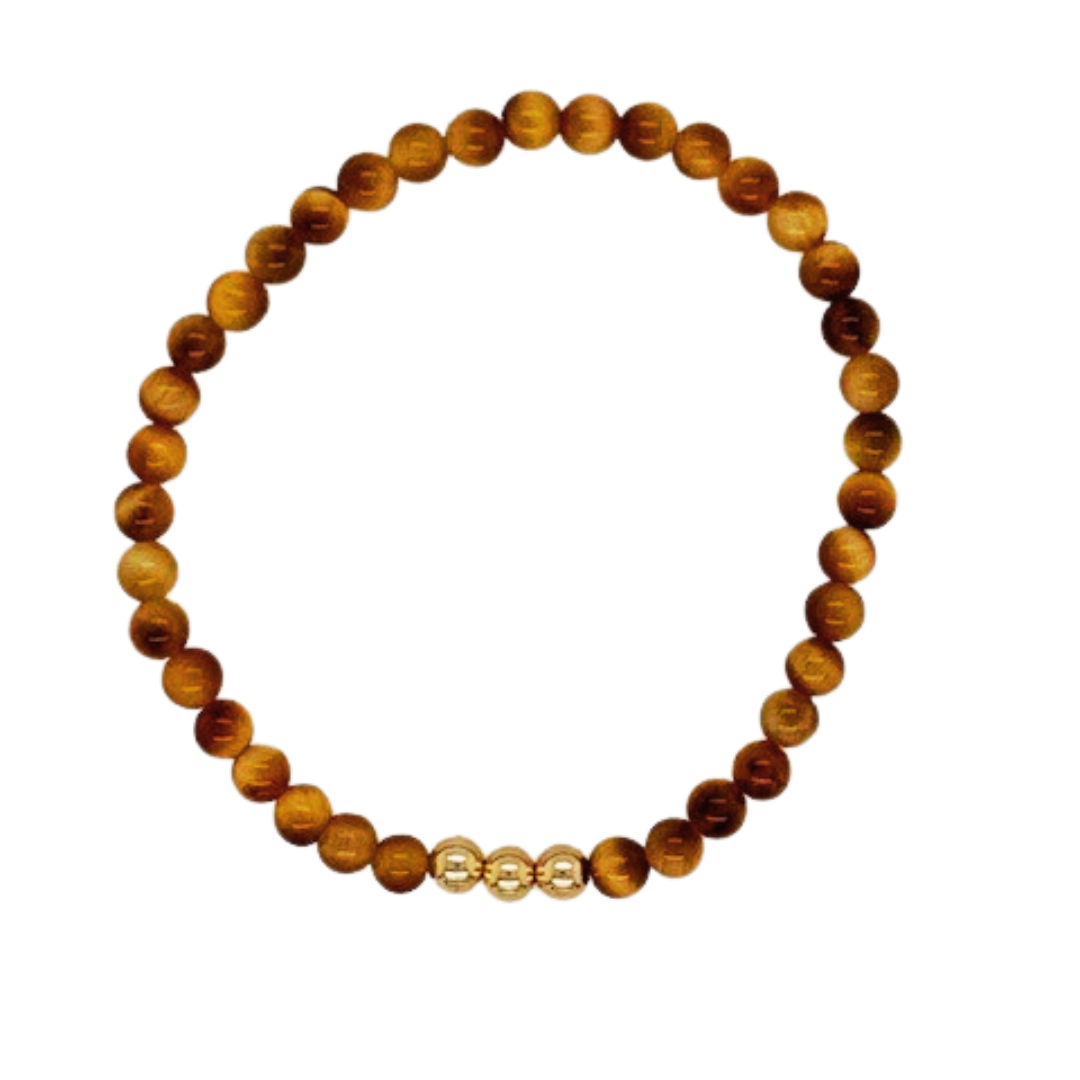 Tiger's Eye 4mm hand beaded bracelet with gold fill balls.